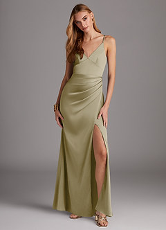 Azazie Shania Bridesmaid Dresses Moss Green Sheath V-Neck Pleated Stretch Satin Dress image1