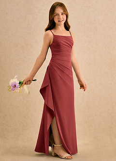 Azazie Cannoli Girls Formal Robe Demoiselle D'honneur Fillette Robe Trapèze en Mousseline de soie Plissé Terracotta image1