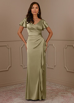 Azazie Roya Mère de la mariée Robes Robe Sirène en Satin extensible Col en V Plissé Vert Mousse image2