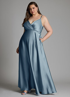 Azazie Amani At-home Try On Dresses Dusty Blue A-Line Pleated Stretch Satin Dress image10