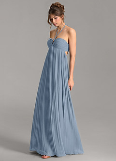 Azazie Addison At-home Try On Dresses Dusty Blue Empire Sweetheart Neckline Chiffon Dress image4