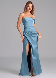 Azazie Lisbeth Jurken voor bruidsmeisjes Converteerbaar Jurk van Stretch Satijn met Zeemeermin Off the Shoulder Staal Blauw image4