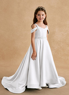 Azazie Jodi vestidos de niña de las flores Vestido de Blanco de Satin Mate de Corte En A image3