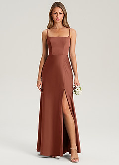 Azazie Lidia Bridesmaid Dresses Clay Mermaid Side Slit Stretch Satin Dress image4