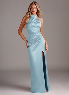 Azazie Jemma Bridesmaid Dresses Moody Blue Sheath Pleated Stretch Satin Dress image3