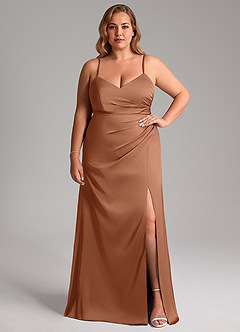 Azazie Azuree Bridesmaid Dresses Bronzer A-Line Pleated Stretch Satin Dress image11