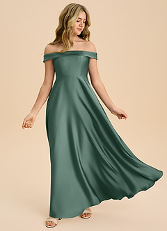 Azazie Sissy Junior Abito A-Line in Raso Elasticizzato a Spalla Scoperta Eucalipto image5