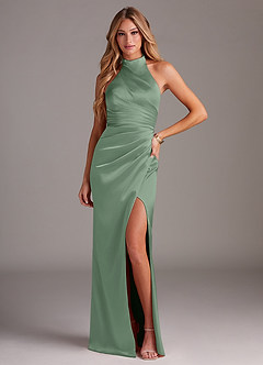 Azazie Jemma Bridesmaid Dresses Matcha Sheath Pleated Stretch Satin Dress image1