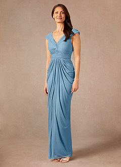 Azazie Lisolette Mother of the Bride Dresses Steel Blue Sheath Pleated Mesh Dress image4