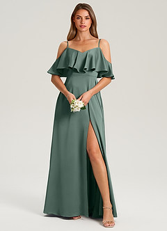 Azazie Jean Bridesmaid Dresses Sea Moss A-Line Off the Shoulder Stretch Satin Dress image1