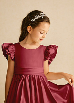 Azazie Piglette Flower Girl Dresses Pomegranate A-Line Bow Matte Satin Dress image3
