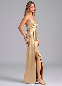 Azazie Naria Robes de demoiselle d'honneur Robe Fourreau en Satin extensible Ue épaule Champagne image4