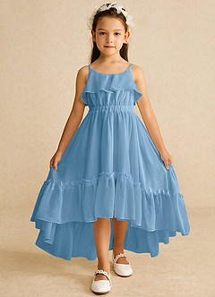 Azazie Karmen Jurken voor bloemenmeisjes A-Lijn Jurk van Chiffon Ruches Staal Blauw image1