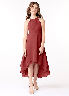 Azazie Linna Junior Vestido de Óxido de Gasa de Corte En A con Plisado image1