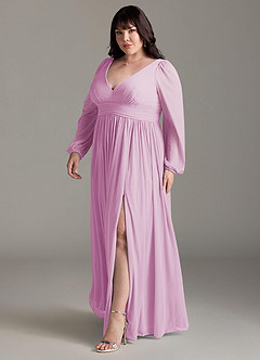 Azazie Norah Bridesmaid Dresses Candy Pink A-Line V-Neck Long Sleeve Chiffon Dress image11
