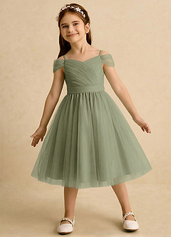 Azazie Lila Girls Formal Robe Demoiselle D'honneur Fillette Robe Trapèze en Tulle Épaule décolletée Pistache image3