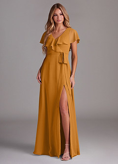 Azazie Lainey Bridesmaid Dresses Butterscotch A-Line with Pockets Chiffon Dress image3
