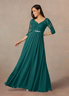 Azazie Hayek Mother of the Bride Dresses Peacock A-Line V-Neck Lace Chiffon Dress image6