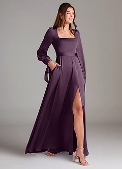 Azazie Leonia Bridesmaid Dresses Plum A-Line Long Sleeve Stretch Satin Dress image4