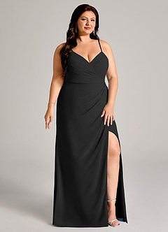 Azazie Maci At-home Try On Dresses Black Sheath Pleated Chiffon Dress image11