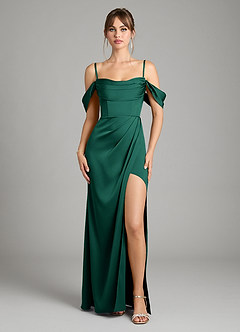 Azazie Johana Bridesmaid Dresses Emerald Mermaid Off the Shoulder Stretch Satin Convertible Dress image3