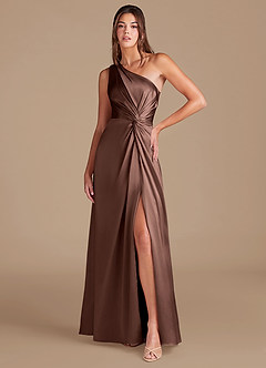 Azazie Brooke Bridesmaid Dresses Espresso A-Line One Shoulder Metallic Satin Dress image1