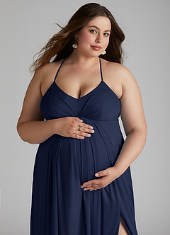 Azazie Annabelle vestidos de dama de honor de maternidad Vestido de Acampanado Cuello en V plisado Largo hasta el piso Malla image11