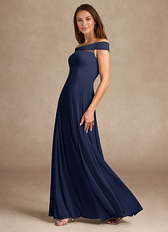 Azazie Ewa Mother of the Bride Dresses Dark Navy A-Line Off the Shoulder Mesh Dress image2
