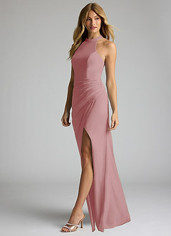 Azazie Galicia Brautjungfernkleider Meerjungfrau-Linie Halter Gefaltet Stretch-Chiffon Kleid Altrosa image3