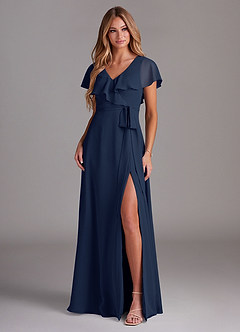 Azazie Lainey Robes de demoiselle d'honneur Robe Trapèze en Mousseline de soie avec poches Bleu Marine Foncé image3