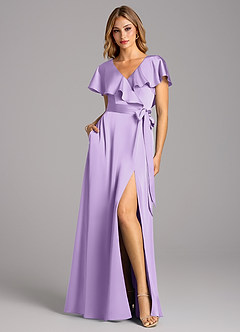Azazie Lainey Bridesmaid Dresses Lilac A-Line with Pockets Stretch Satin Dress image3