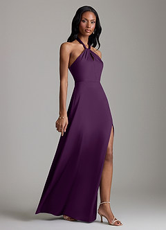 Azazie Tracie Vestidos de damas de honor Vestido de Uva de Satén Elástico de Corte en A con Corte Lateral image3