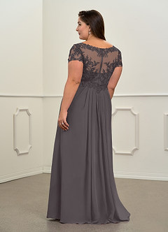 Azazie Dunja vestidos de madre de la novia Vestido de Gris Acero de Gasa de Corte En A con Encaje cuello pico image8