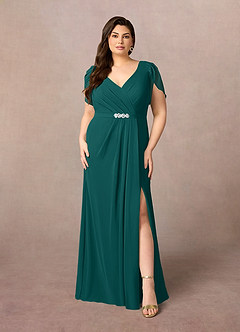 Azazie Marianne Abiti per la Madre della Sposa Abito Tubino in Chiffon con Scollo a V a Pieghe Verde Pavone image7