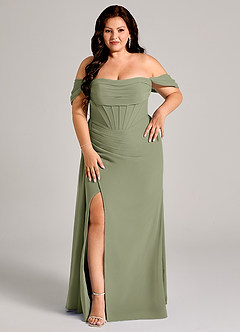 Azazie Amyra Bridesmaid Dresses Pistachio Sheath Off the Shoulder Chiffon Convertible Dress image13