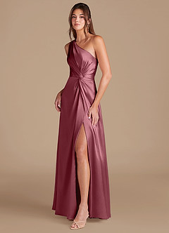 Azazie Brooke Bridesmaid Dresses Desert Rose A-Line One Shoulder Metallic Satin Dress image4