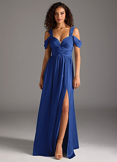 Azazie Lianne Bridesmaid Dresses Royal Blue A-Line Off the Shoulder Stretch Satin Dress image8