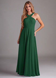 Azazie Dixie Bridesmaid Dresses Dark Green A-Line Halter Pleated Chiffon Dress image1