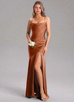 Azazie Grata Bridesmaid Dresses Copper Sheath Side Slit Stretch Satin Dress image1