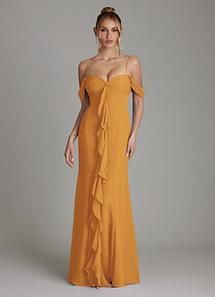 Azazie Karmela Bridesmaid Dresses Butterscotch A-Line Off the Shoulder Chiffon Dress image4