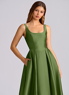 Azazie Amalie 신부 들러리 드레스 A라인 주름진 스트레치 새틴 티 길이 드레스 image2