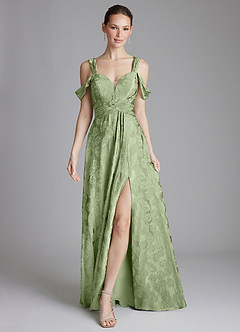 Azazie Emoria Bridesmaid Dresses Sage Green Jacquard A-Line Off the Shoulder Jacquard Dress image1