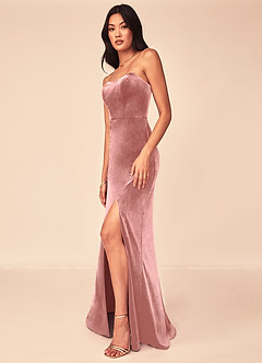 Azazie Nereda Robes de demoiselle d'honneur Robe Trapèze Convertible en velours Sans bretelle Rose Poussiéreuse image6