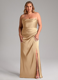 Azazie Leonis Bridesmaid Dresses Champagne Mermaid Pleated Stretch Satin Convertible Dress image9