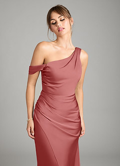 Azazie Madelyn Vestidos de damas de honor Vestido de Rosa Antigua de Satén Elástico de Corte Sirena Convertible con Hombro unilateral image11