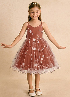 Azazie Junebug Blumenmädchenkleider Ballkleid Spaghetti Riemen Tüll Kleid Rotbraun image3