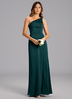 Azazie Feby Bridesmaid Dresses Pine A-Line One Shoulder Stretch Satin Dress image1