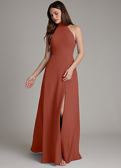 Azazie Myra Vestidos de madrinha de casamento Vestido Castanho Aloirado de Chiffon de Linha A com Pescoço alto image4