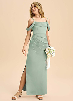 Azazie Saige Junior Robe Fourreau en Satin extensible Épaule décolletée Agave image5