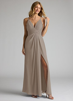 Azazie Maren Allure Robes de demoiselle d'honneur Robe Trapèze en Mousseline de soie Col V dentelle Taupe image3